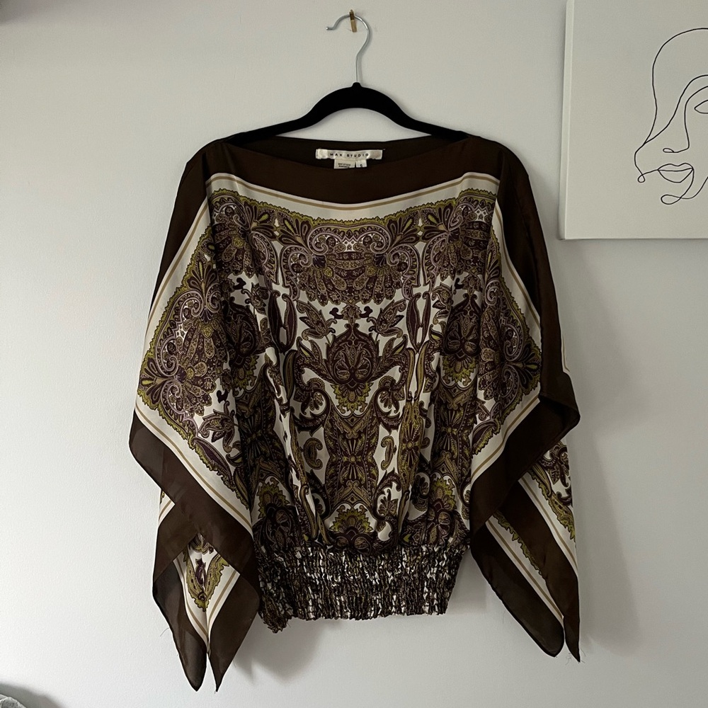 Y2K inspired silk top with ruching on bottom and large oversized sleeves